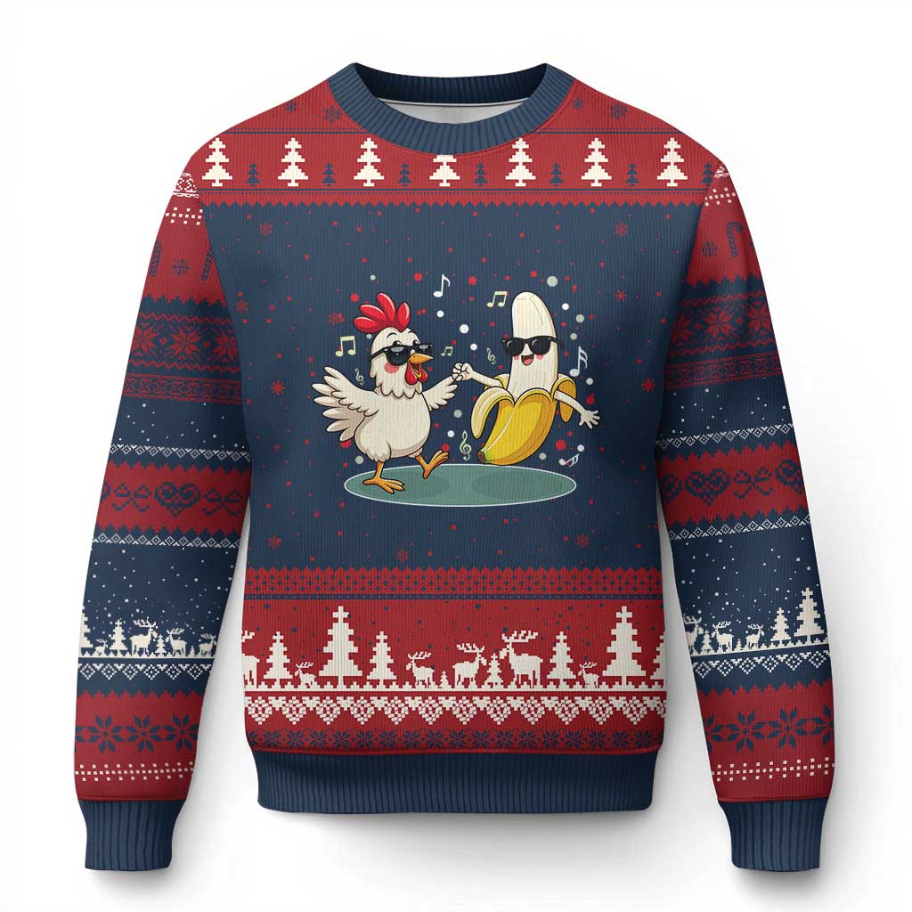 Funny Banana Chicken Dance Ugly Christmas Sweater Chaos Dance Meme Graphic TS12 Navy Red Print Your Wear