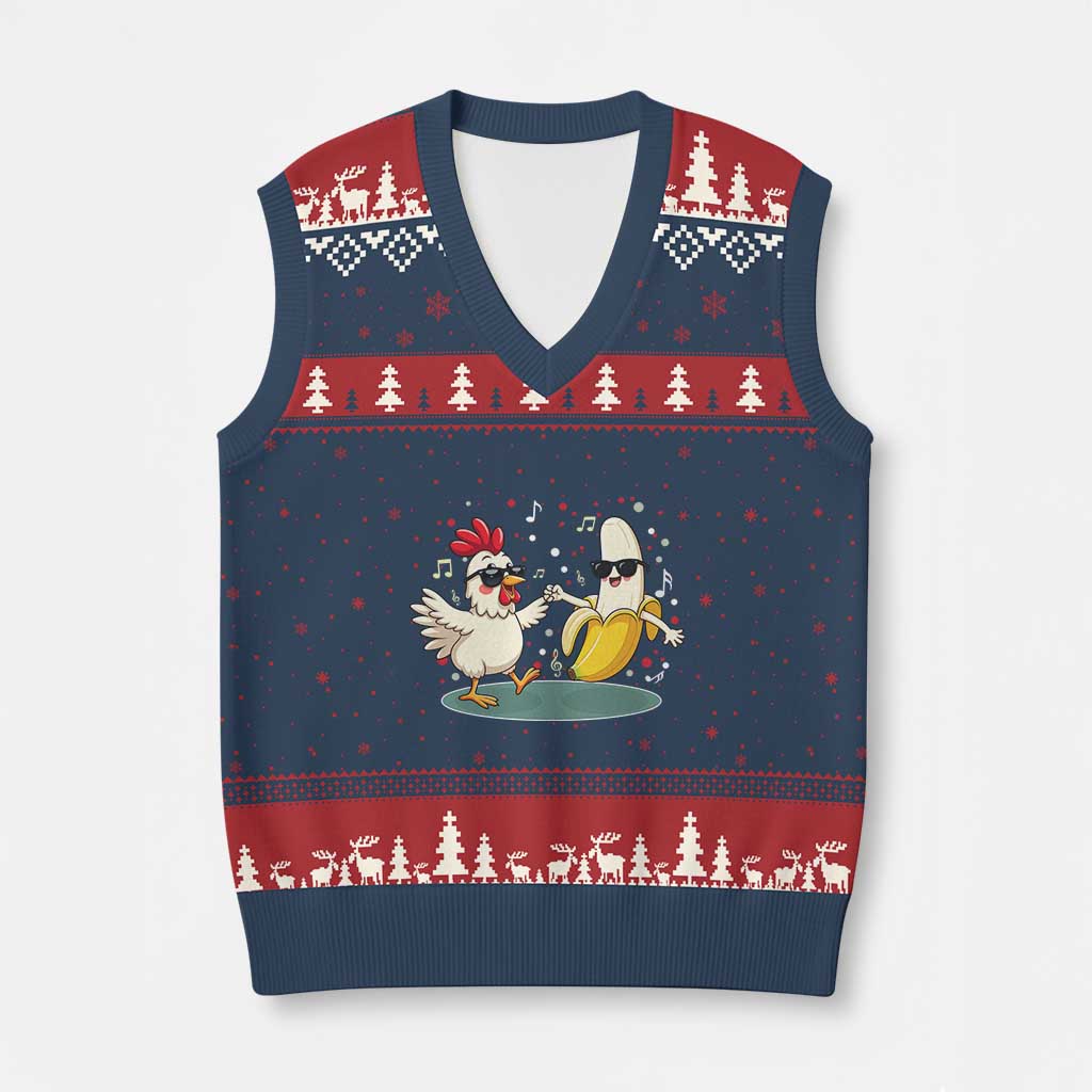 Funny Banana Chicken Dance V-Neck Knit Sweater Vest Chaos Dance Meme Graphic TS12 Navy Red Print Your Wear