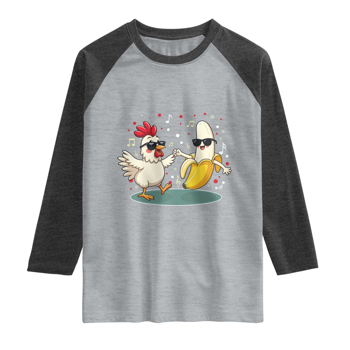 Funny Banana Chicken Dance Raglan Shirt Chaos Dance Meme Graphic TS12 Heather Gray Heather Charcoal Print Your Wear