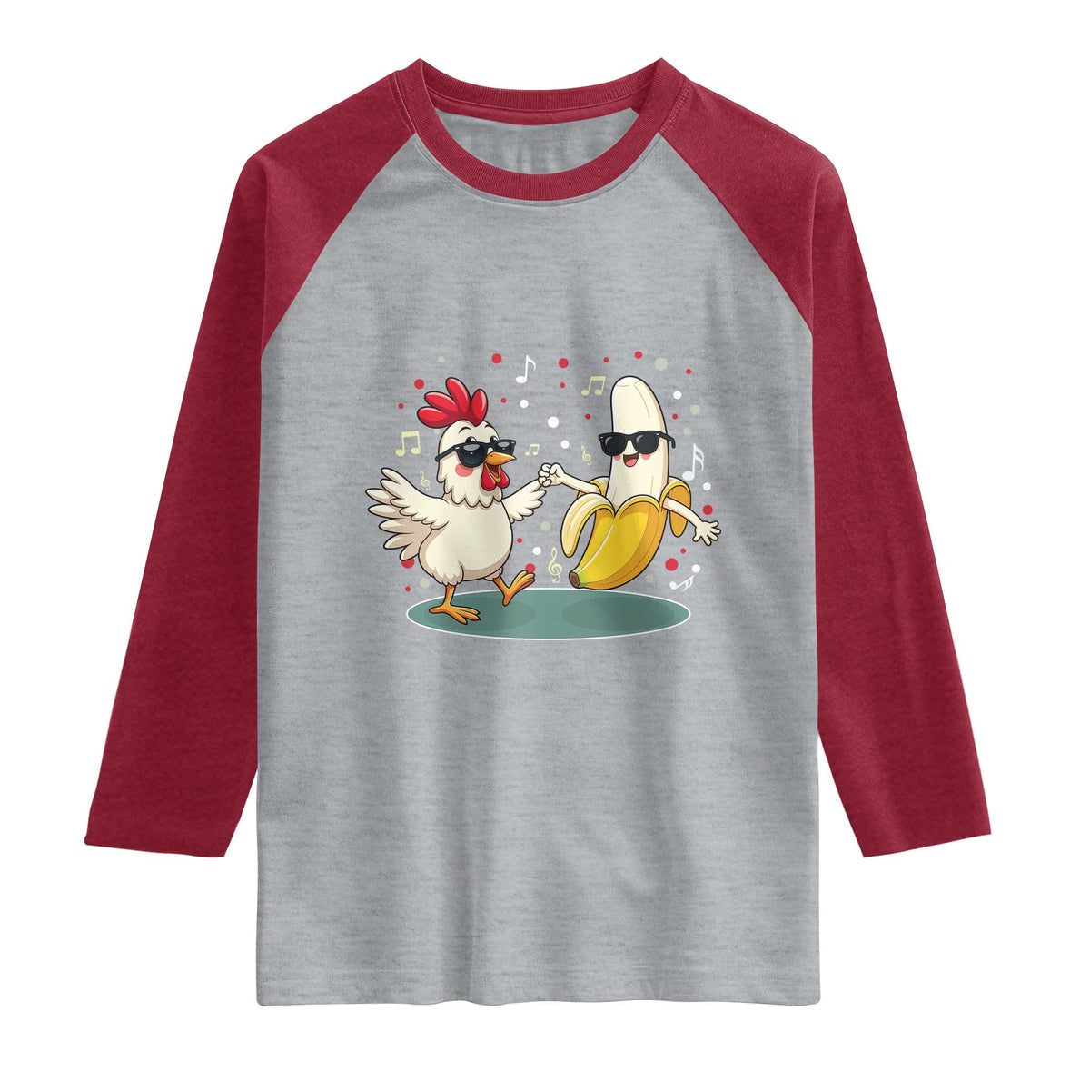 Funny Banana Chicken Dance Raglan Shirt Chaos Dance Meme Graphic TS12 Heather Gray Heather Red Print Your Wear