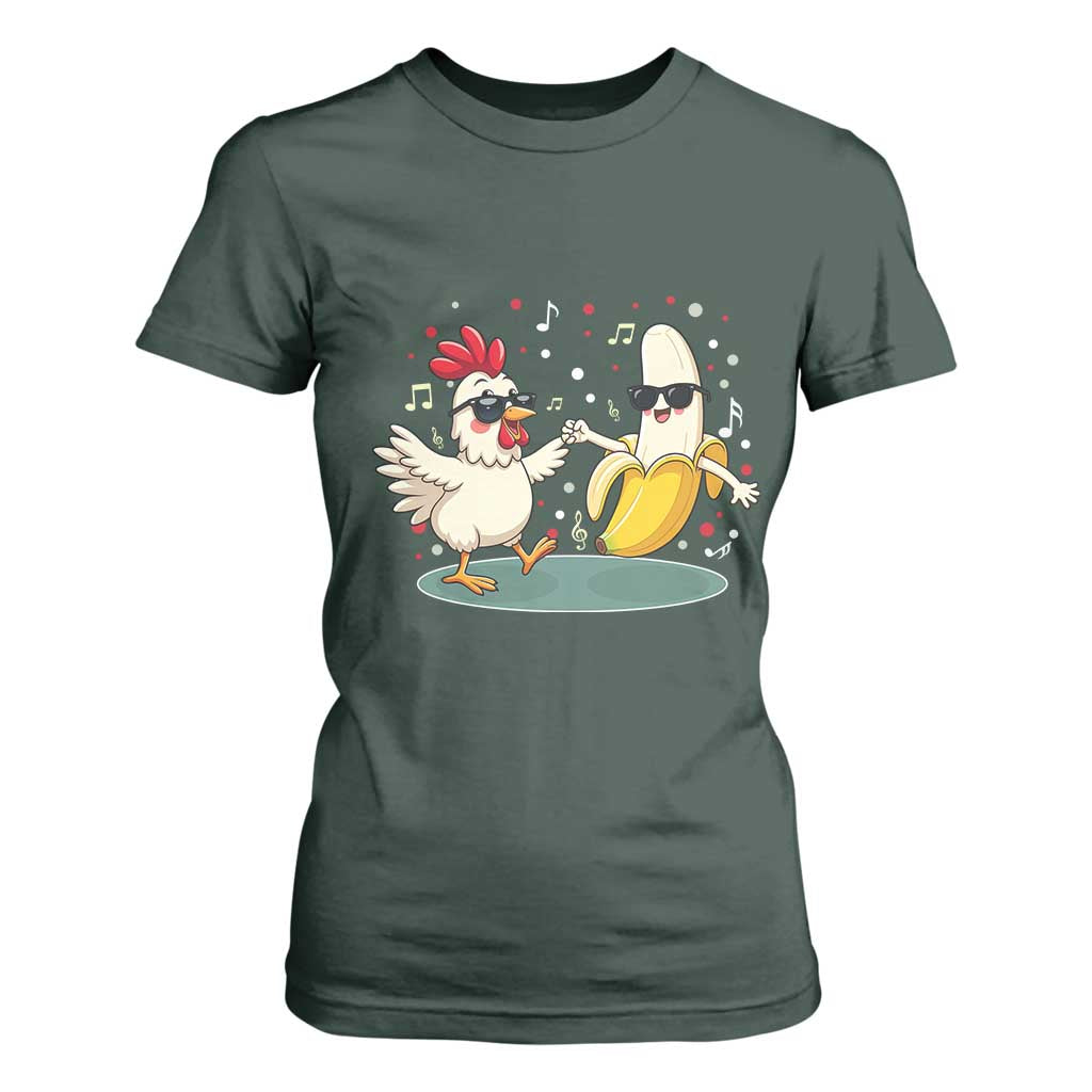 Funny Banana Chicken Dance T Shirt For Women Chaos Dance Meme Graphic TS12 Dark Forest Green Print Your Wear