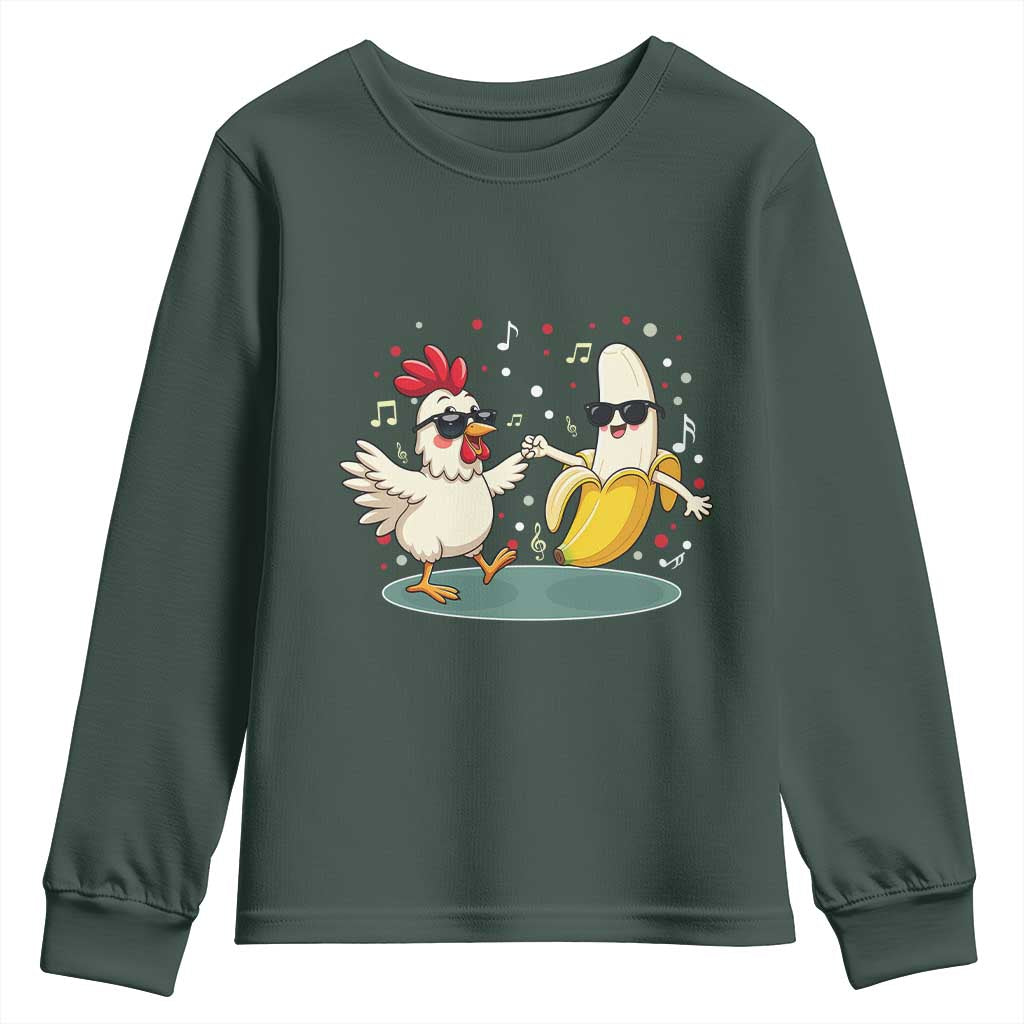 Funny Banana Chicken Dance Youth Sweatshirt Chaos Dance Meme Graphic TS12 Dark Forest Green Print Your Wear
