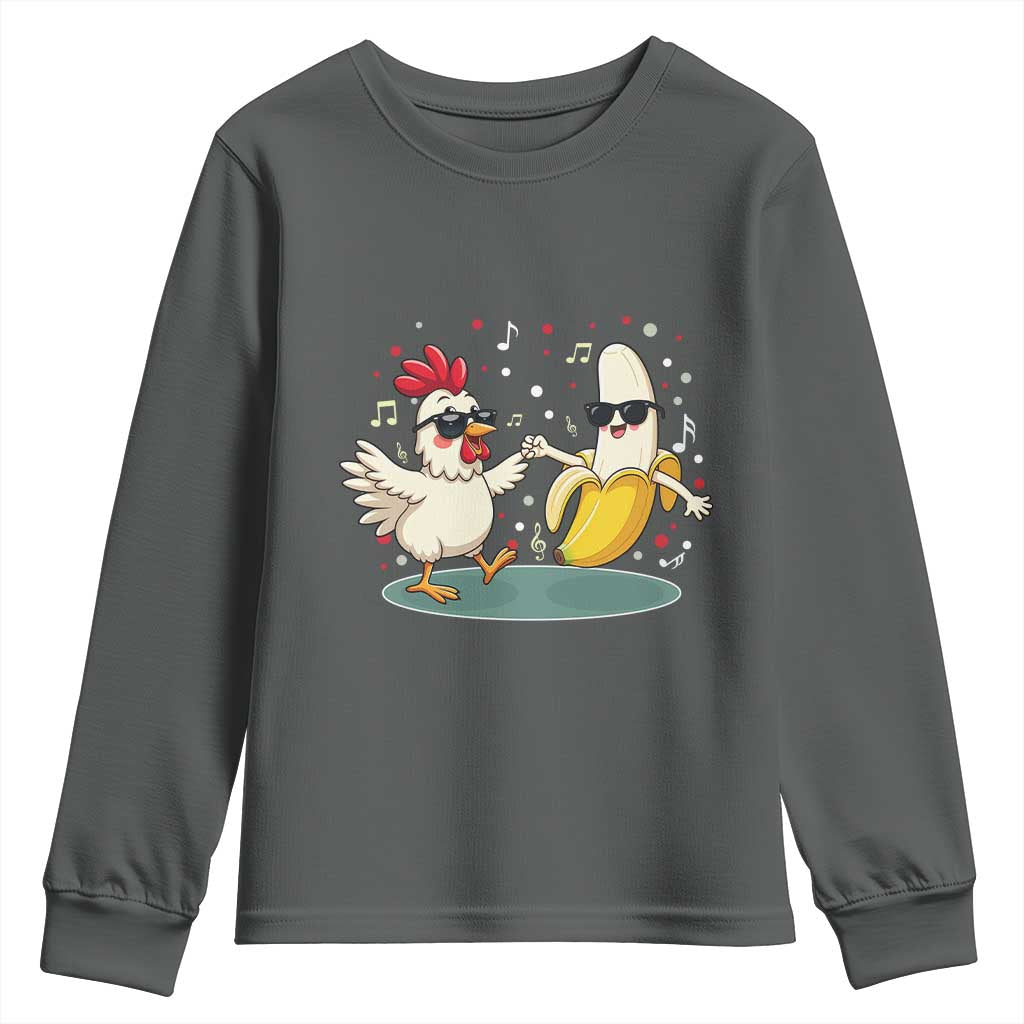 Funny Banana Chicken Dance Youth Sweatshirt Chaos Dance Meme Graphic TS12 Dark Heather Print Your Wear