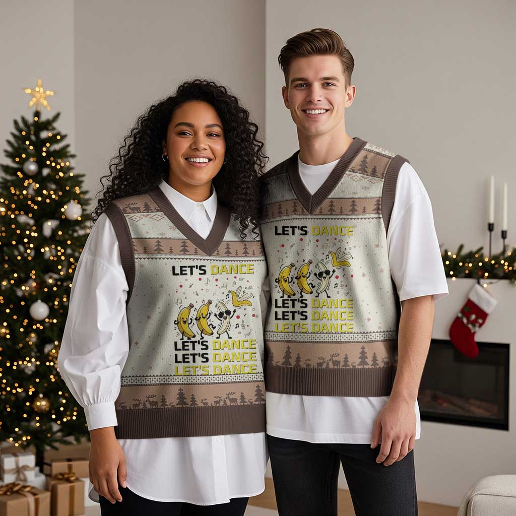Funny Dancing Banana V-Neck Knit Sweater Vest Lets Dance Silly Meme Graphic TS12 Mocha Mousse Print Your Wear