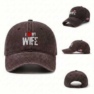 Funny Husband Gift Washed Cotton Baseball Cap I Love My Wife TS12 Washed Cap Universal Fit Dark Brown Print Your Wear