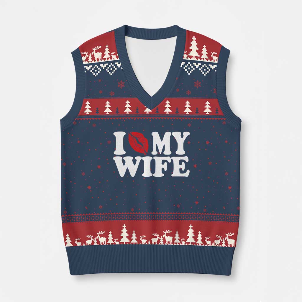 Funny Marriage Gift V-Neck Knit Sweater Vest I Love My Wife TS12 Navy Red Print Your Wear