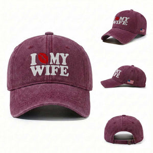 Funny Marriage Gift Washed Cotton Baseball Cap I Love My Wife TS12 Washed Cap Universal Fit Burgundy Print Your Wear