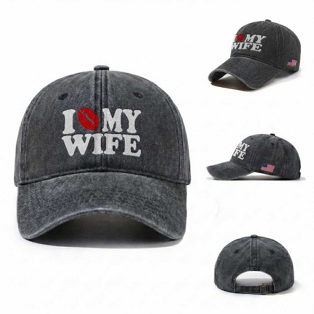 Funny Marriage Gift Washed Cotton Baseball Cap I Love My Wife TS12 Washed Cap Universal Fit Dark Gray Print Your Wear