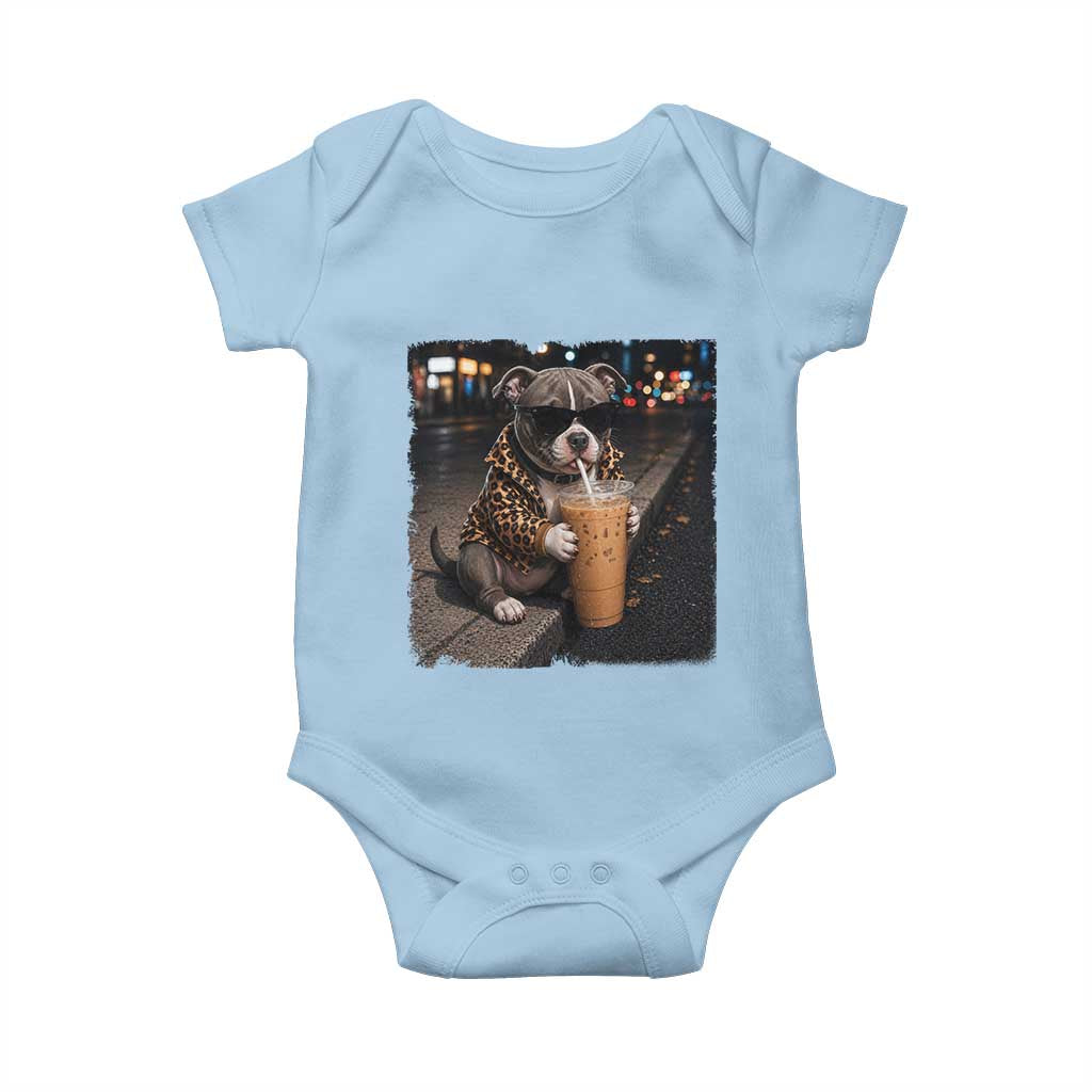 Funny Pitbull Drinking Coffee Baby Onesie Dog Meme Caffeine Graphic TS12 Light Blue Print Your Wear