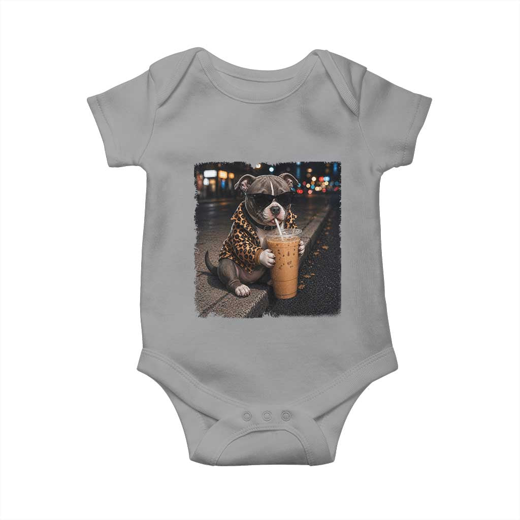 Funny Pitbull Drinking Coffee Baby Onesie Dog Meme Caffeine Graphic TS12 Sport Gray Print Your Wear