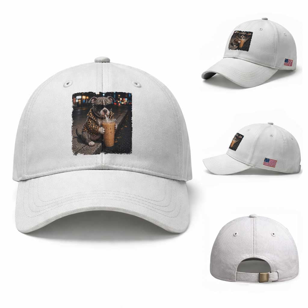 Funny Pitbull Drinking Coffee Baseball Cap Dog Meme Caffeine Graphic TS12 Baseball Cap Universal Fit White Print Your Wear