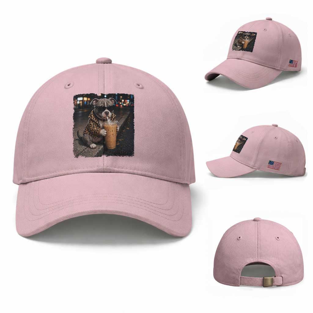 Funny Pitbull Drinking Coffee Baseball Cap Dog Meme Caffeine Graphic TS12 Baseball Cap Universal Fit Light Pink Print Your Wear