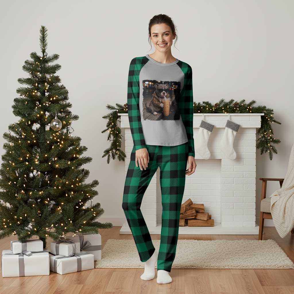 Funny Pitbull Drinking Coffee Plaid Pajama Set Dog Meme Caffeine Graphic TS12 Green Plaid Print Your Wear