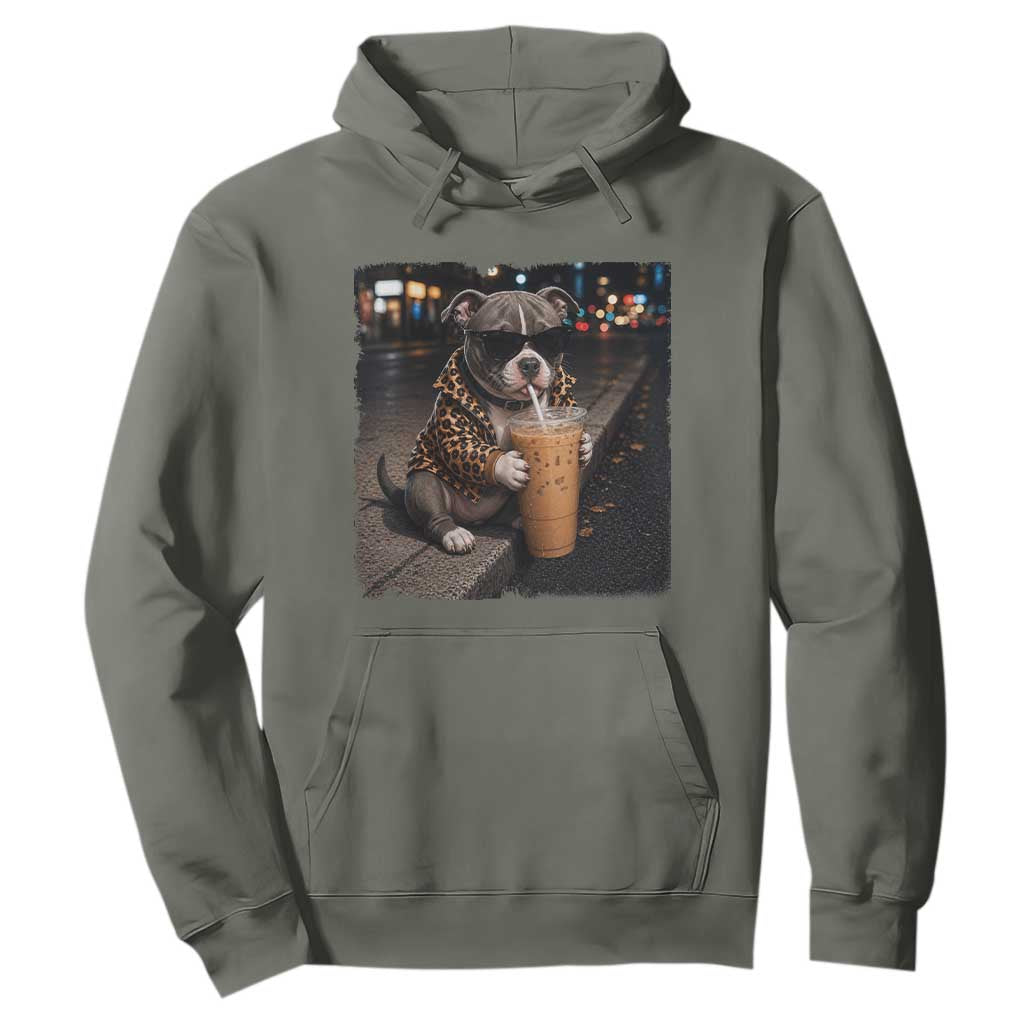Funny Pitbull Drinking Coffee Hoodie Dog Meme Caffeine Graphic TS12 Military Green Print Your Wear