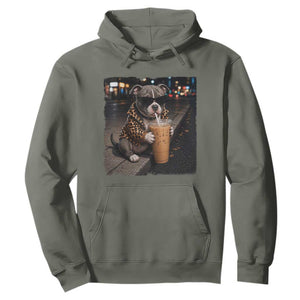 Funny Pitbull Drinking Coffee Hoodie Dog Meme Caffeine Graphic TS12 Military Green Print Your Wear