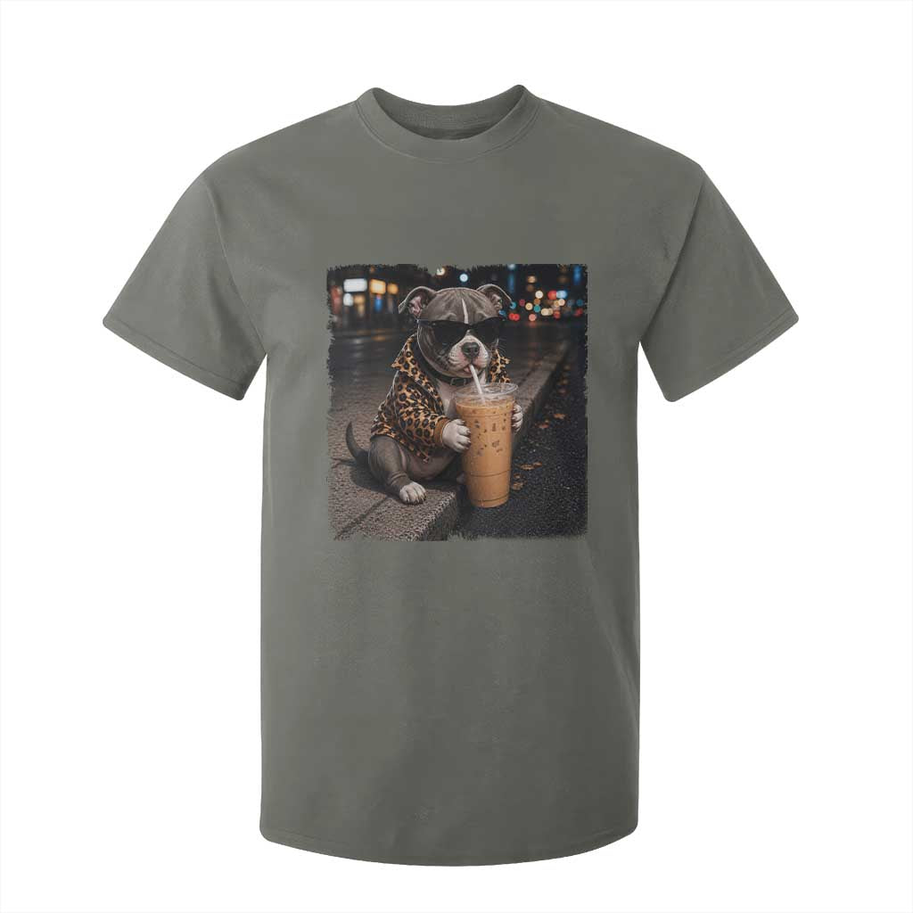 Funny Pitbull Drinking Coffee T Shirt For Kid Dog Meme Caffeine Graphic TS12 Military Green Print Your Wear
