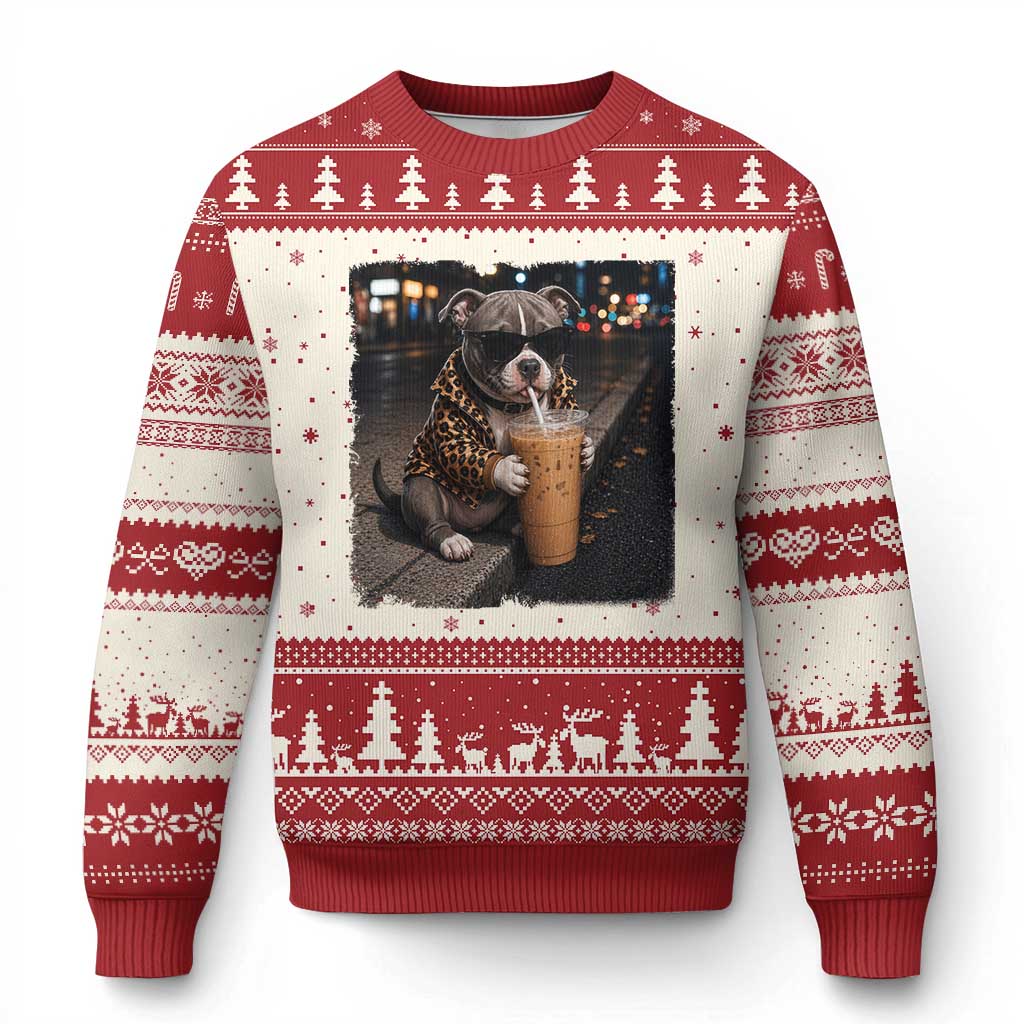 Funny Pitbull Drinking Coffee Ugly Christmas Sweater Dog Meme Caffeine Graphic TS12 Beige Red Print Your Wear