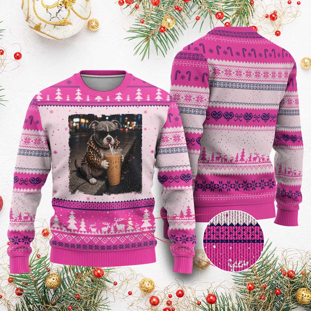 Funny Pitbull Drinking Coffee Ugly Christmas Sweater Dog Meme Caffeine Graphic TS12 Hot Pink Print Your Wear