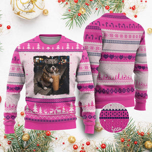 Funny Pitbull Drinking Coffee Ugly Christmas Sweater Dog Meme Caffeine Graphic TS12 Hot Pink Print Your Wear