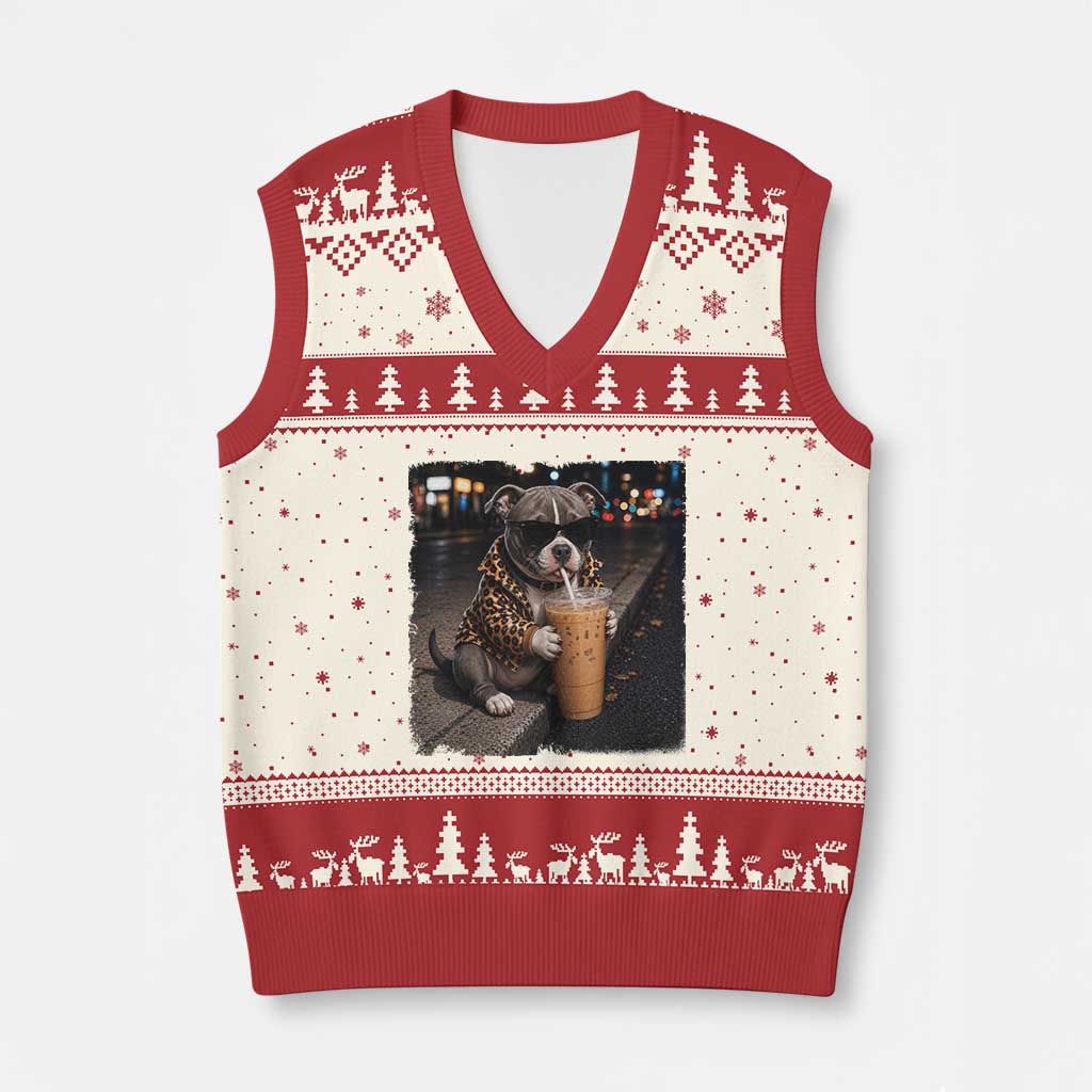 Funny Pitbull Drinking Coffee V-Neck Knit Sweater Vest Dog Meme Caffeine Graphic TS12 Beige Red Print Your Wear