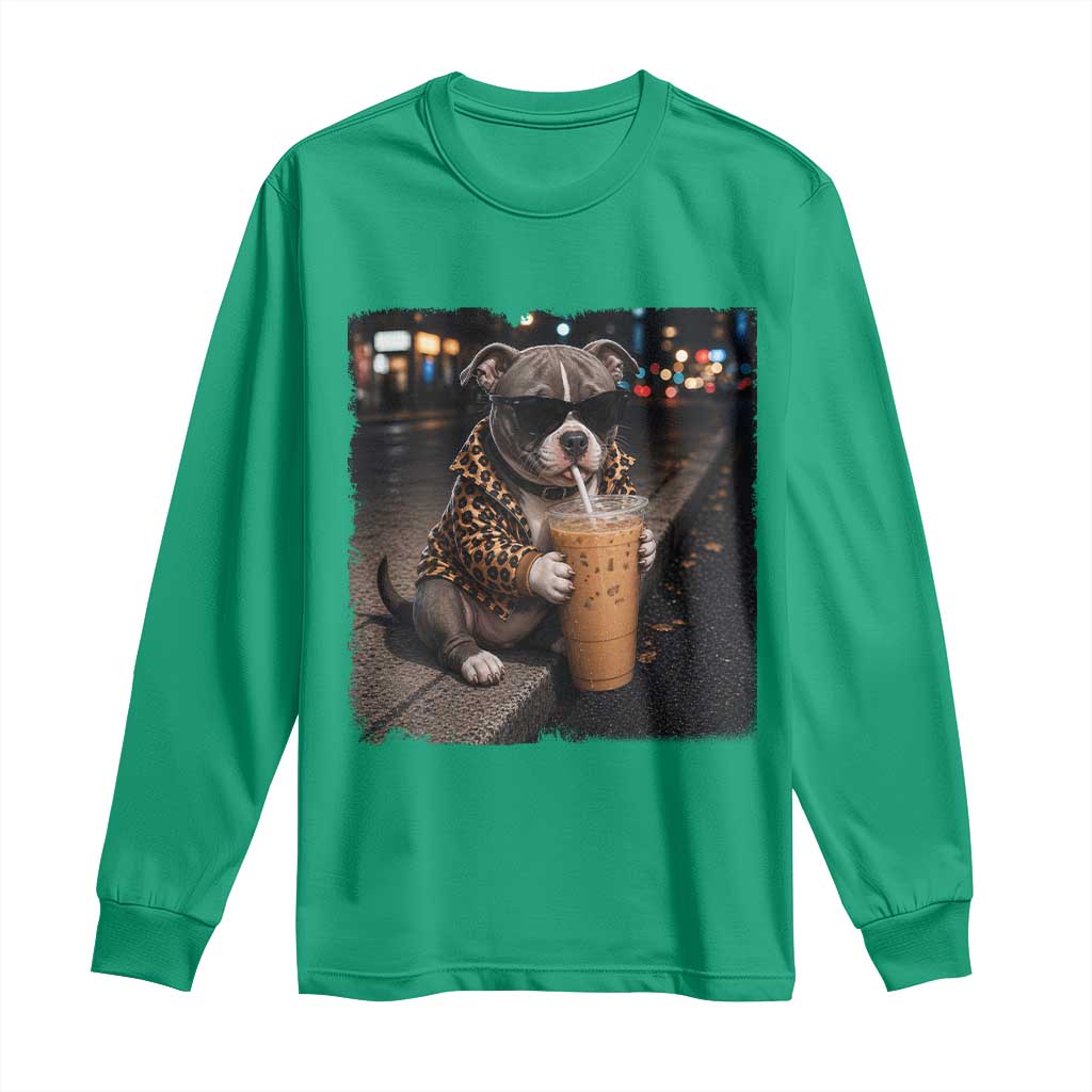 Funny Pitbull Drinking Coffee Long Sleeve Shirt Dog Meme Caffeine Graphic TS12 Irish Green Print Your Wear