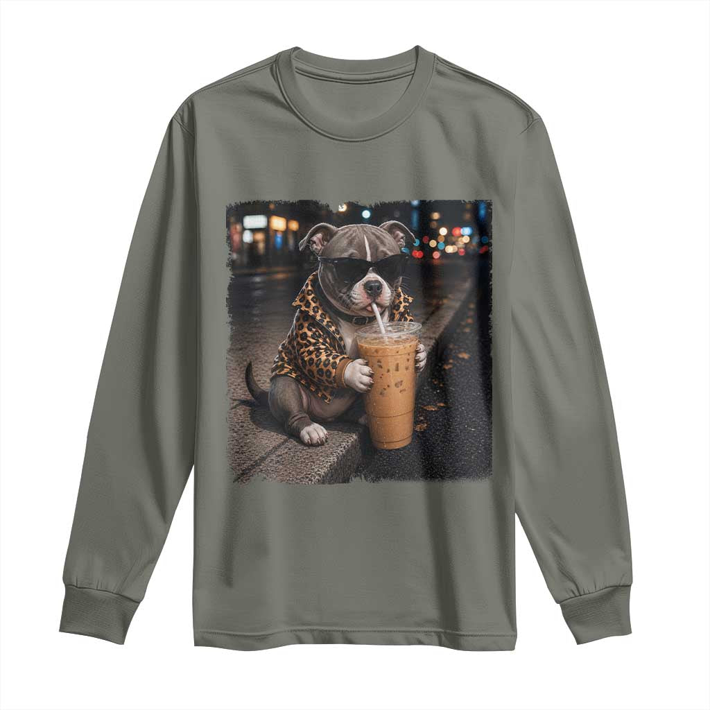 Funny Pitbull Drinking Coffee Long Sleeve Shirt Dog Meme Caffeine Graphic TS12 Military Green Print Your Wear