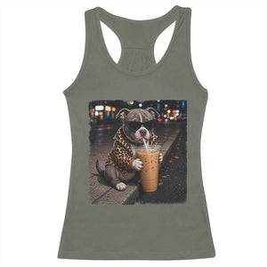 Funny Pitbull Drinking Coffee Racerback Tank Top Dog Meme Caffeine Graphic TS12 Military Green Print Your Wear