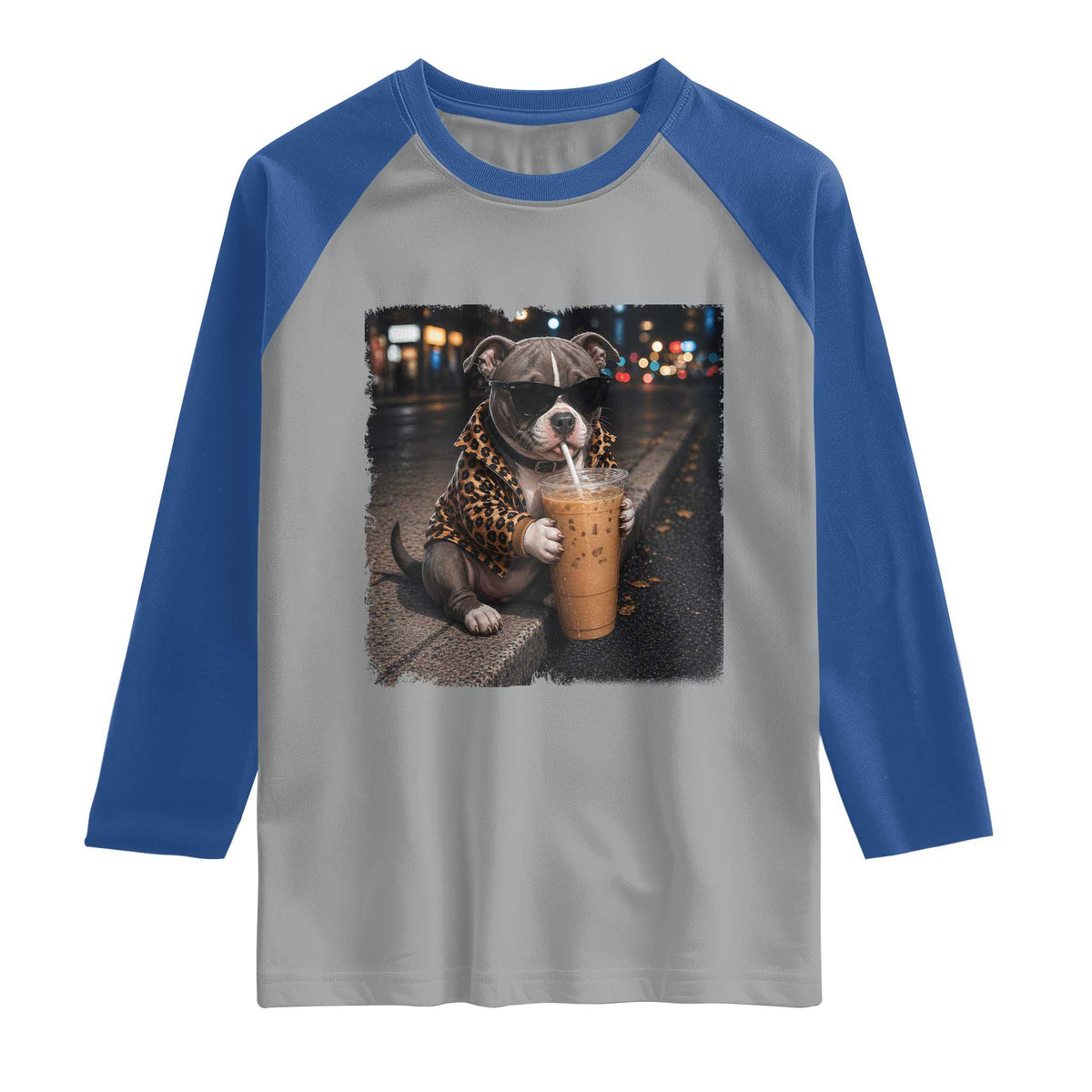 Funny Pitbull Drinking Coffee Raglan Shirt Dog Meme Caffeine Graphic TS12 Sport Gray Royal Print Your Wear