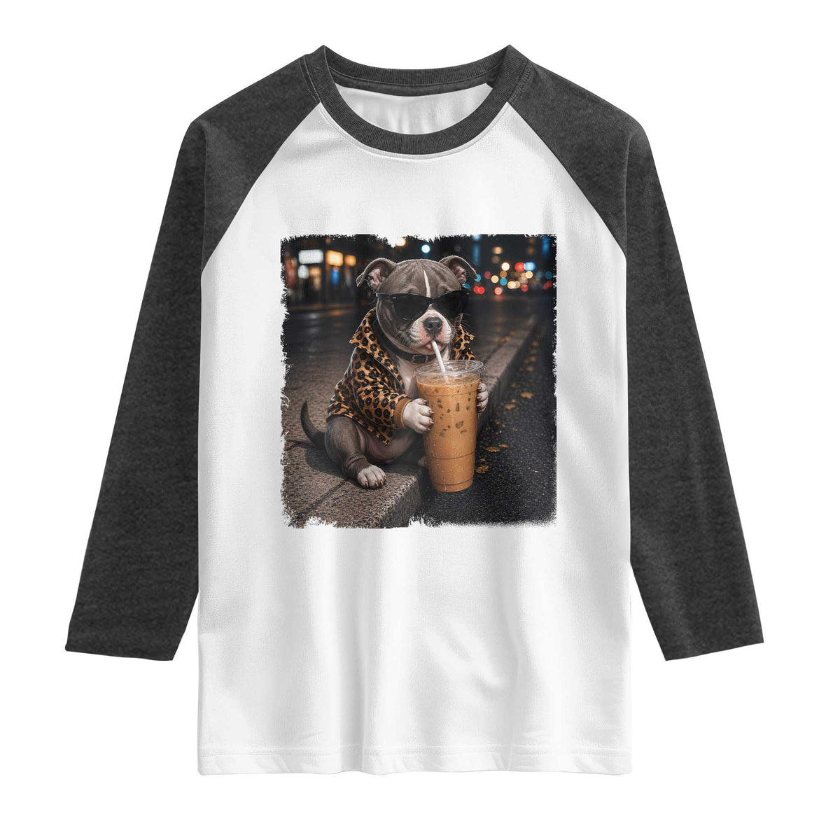 Funny Pitbull Drinking Coffee Raglan Shirt Dog Meme Caffeine Graphic TS12 White Heather Charcoal Print Your Wear