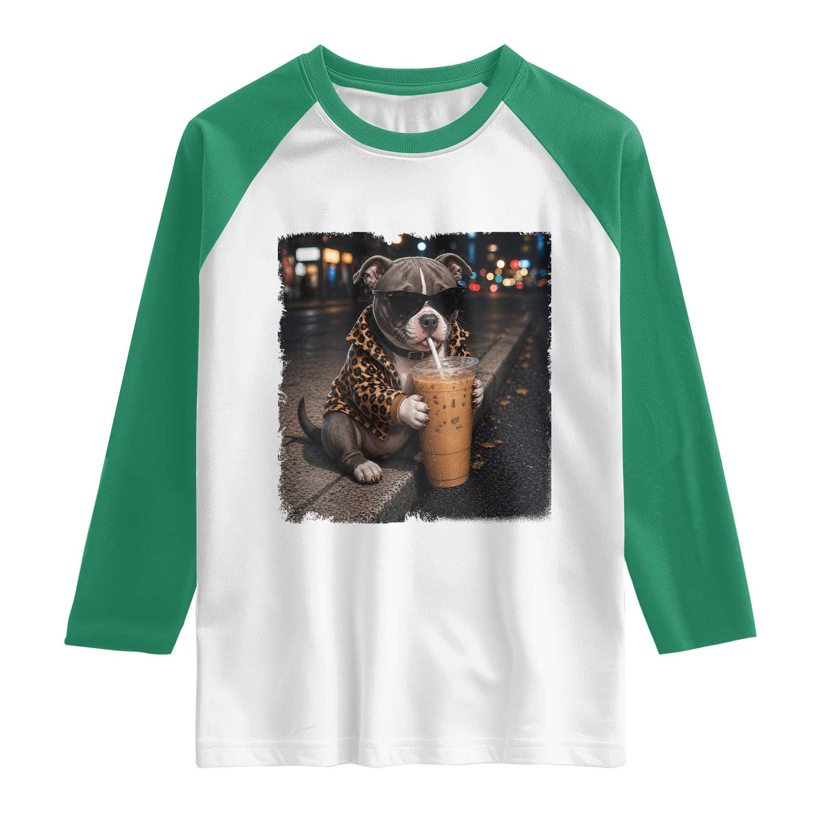 Funny Pitbull Drinking Coffee Raglan Shirt Dog Meme Caffeine Graphic TS12 White Kelly Green Print Your Wear