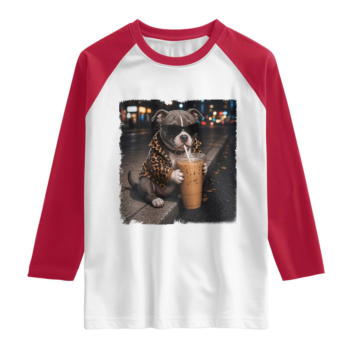 Funny Pitbull Drinking Coffee Raglan Shirt Dog Meme Caffeine Graphic TS12 White Red Print Your Wear