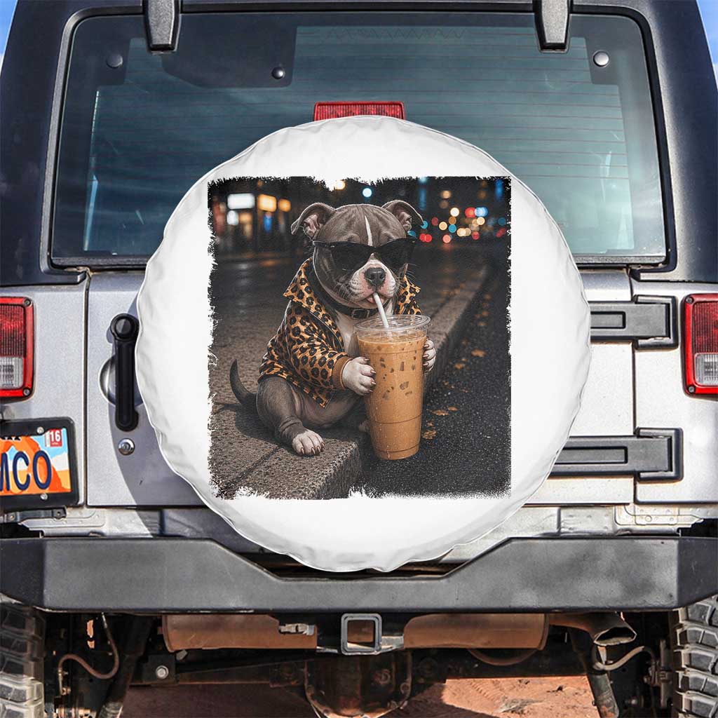 Funny Pitbull Drinking Coffee Spare Tire Cover Dog Meme Caffeine Graphic TS12 No hole White Print Your Wear