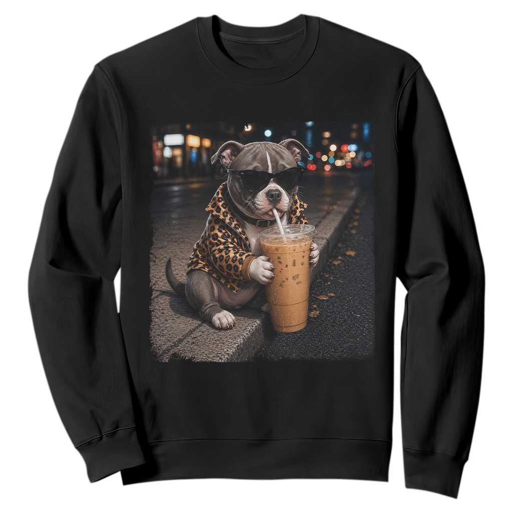 Funny Pitbull Drinking Coffee Sweatshirt Dog Meme Caffeine Graphic TS12 Black Print Your Wear