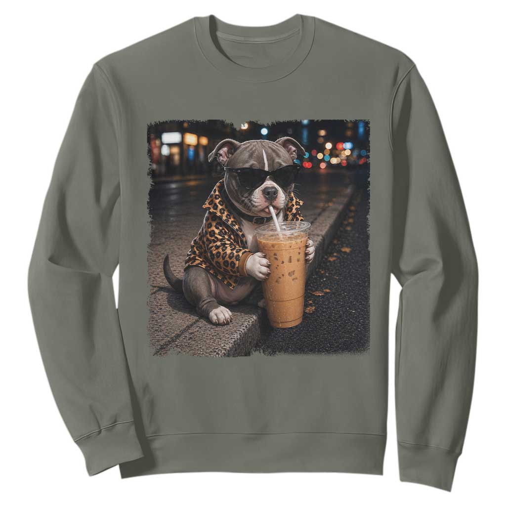 Funny Pitbull Drinking Coffee Sweatshirt Dog Meme Caffeine Graphic TS12 Military Green Print Your Wear