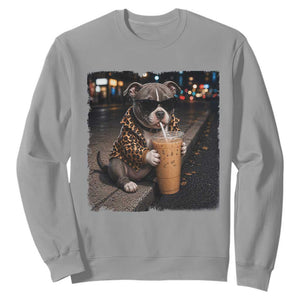 Funny Pitbull Drinking Coffee Sweatshirt Dog Meme Caffeine Graphic TS12 Sport Gray Print Your Wear