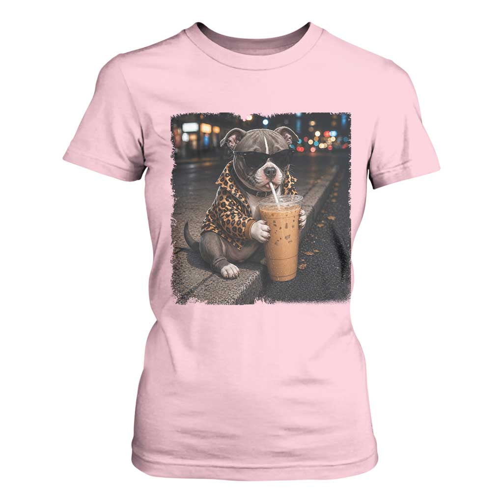 Funny Pitbull Drinking Coffee T Shirt For Women Dog Meme Caffeine Graphic TS12 Light Pink Print Your Wear
