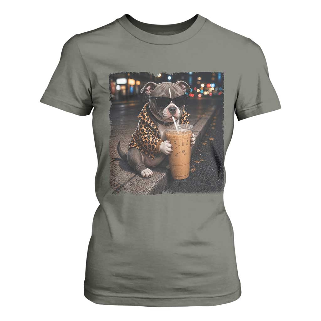 Funny Pitbull Drinking Coffee T Shirt For Women Dog Meme Caffeine Graphic TS12 Military Green Print Your Wear