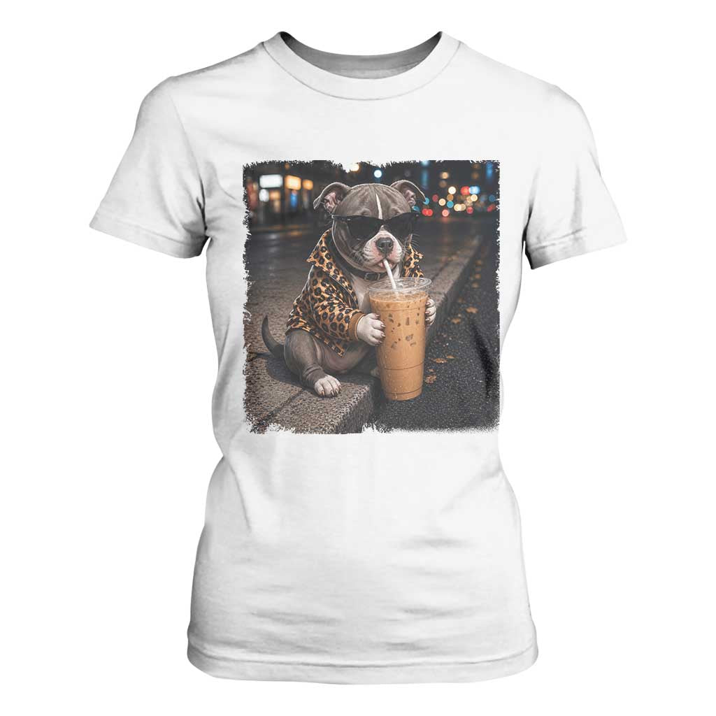 Funny Pitbull Drinking Coffee T Shirt For Women Dog Meme Caffeine Graphic TS12 White Print Your Wear