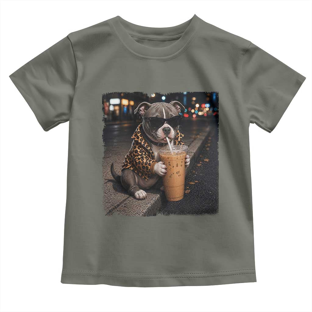 Funny Pitbull Drinking Coffee Toddler T Shirt Dog Meme Caffeine Graphic TS12 Military Green Print Your Wear
