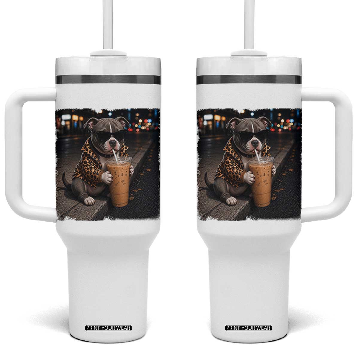 Funny Pitbull Drinking Coffee Tumbler With Handle Dog Meme Caffeine Graphic TS12 One Size: 40 oz White Print Your Wear