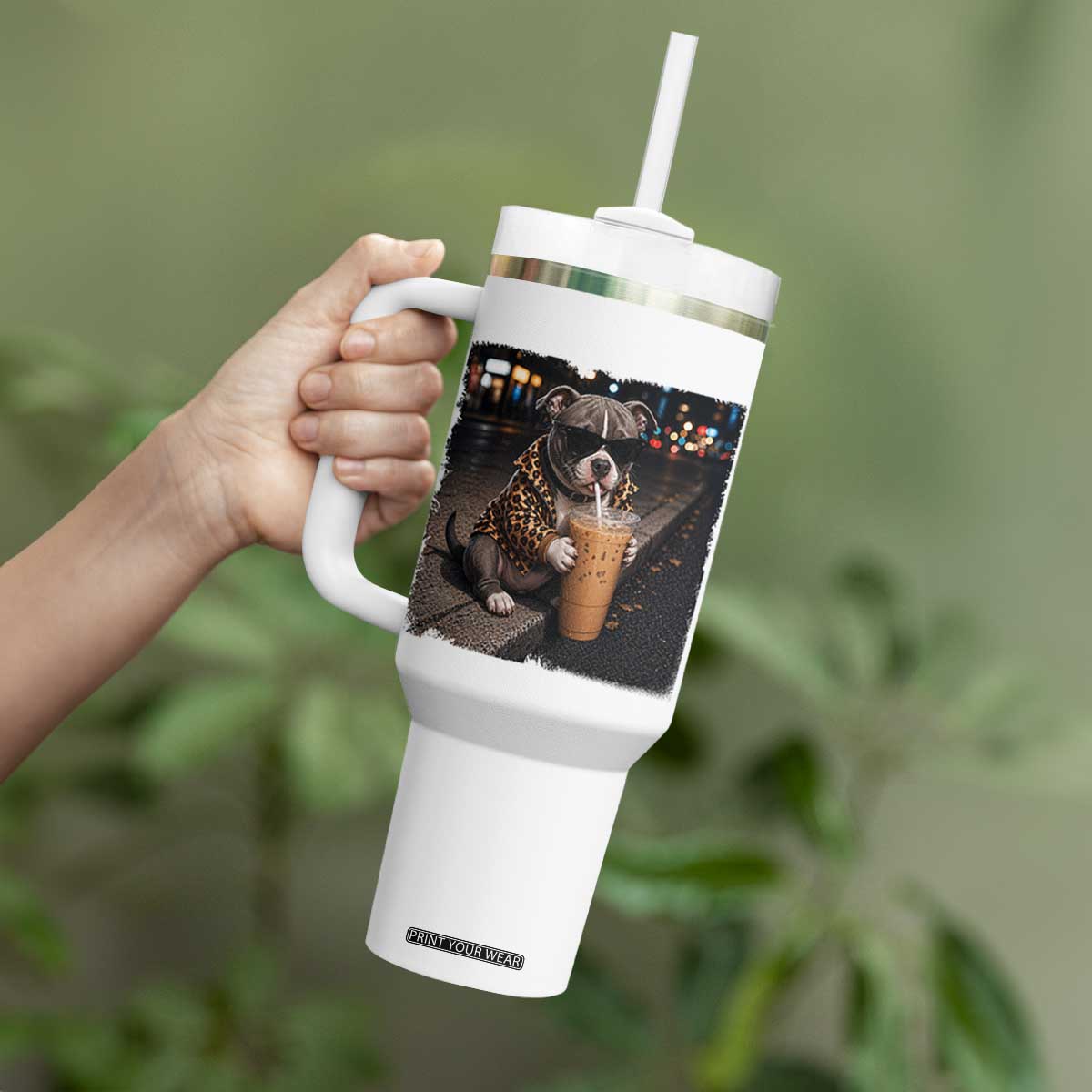 Funny Pitbull Drinking Coffee Tumbler With Handle Dog Meme Caffeine Graphic TS12 Print Your Wear