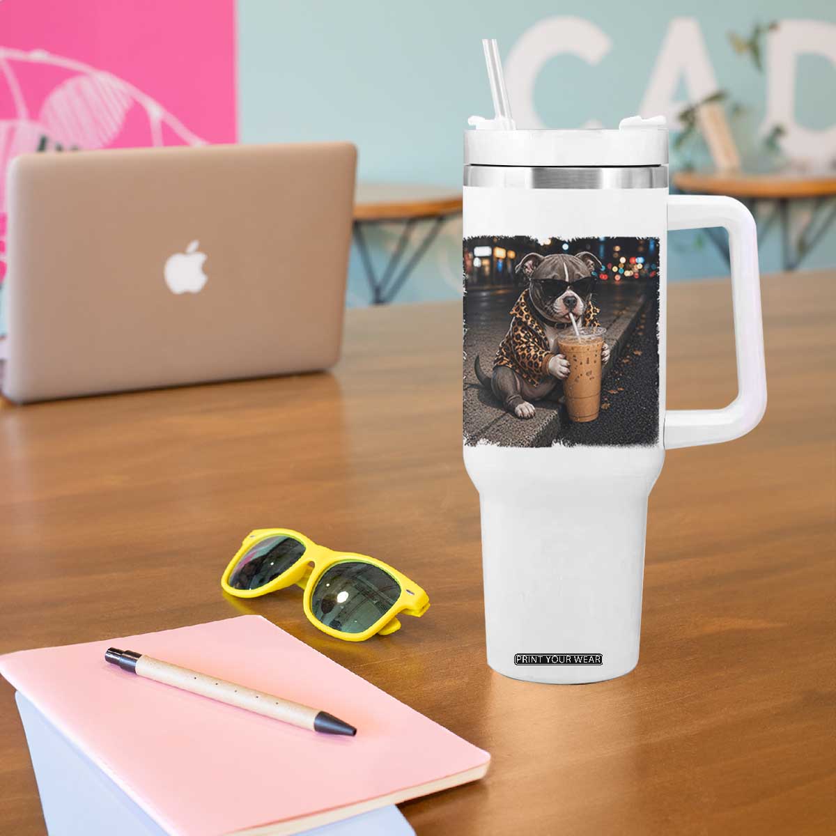 Funny Pitbull Drinking Coffee Tumbler With Handle Dog Meme Caffeine Graphic TS12 Print Your Wear