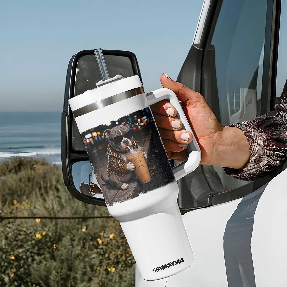 Funny Pitbull Drinking Coffee Tumbler With Handle Dog Meme Caffeine Graphic TS12 Print Your Wear