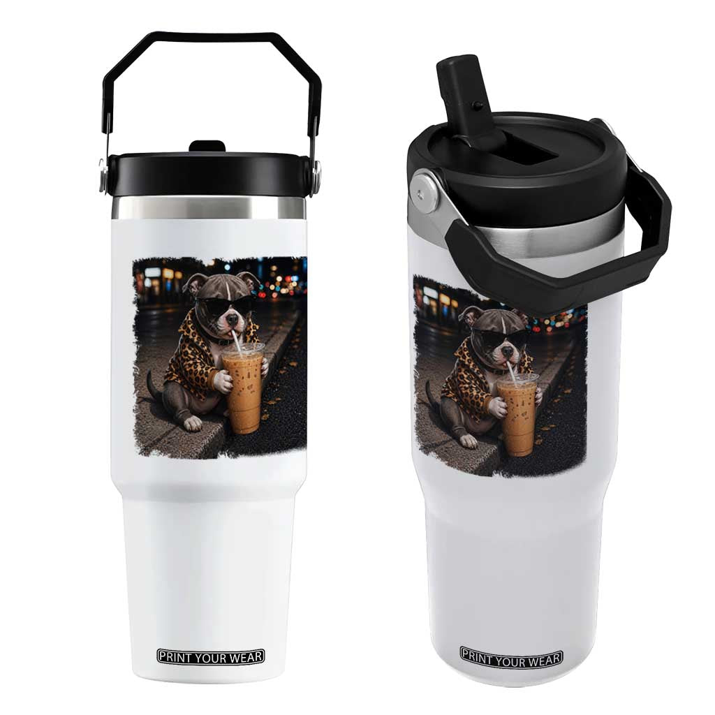 Funny Pitbull Drinking Coffee Flip Straw Tumbler Dog Meme Caffeine Graphic TS12 One Size: 30 oz White Print Your Wear