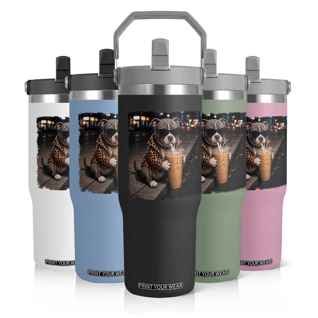 Funny Pitbull Drinking Coffee Flip Straw Tumbler Dog Meme Caffeine Graphic TS12 Print Your Wear