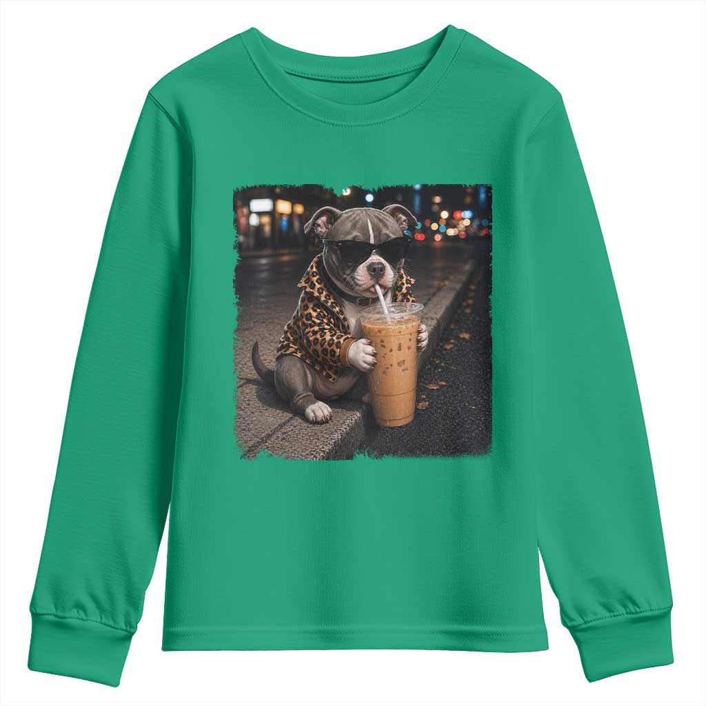 Funny Pitbull Drinking Coffee Youth Sweatshirt Dog Meme Caffeine Graphic TS12 Irish Green Print Your Wear