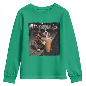 Funny Pitbull Drinking Coffee Youth Sweatshirt Dog Meme Caffeine Graphic TS12 Irish Green Print Your Wear