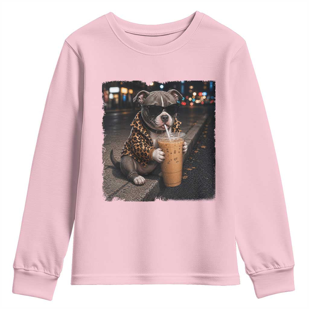 Funny Pitbull Drinking Coffee Youth Sweatshirt Dog Meme Caffeine Graphic TS12 Light Pink Print Your Wear