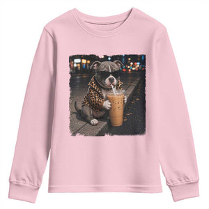 Funny Pitbull Drinking Coffee Youth Sweatshirt Dog Meme Caffeine Graphic TS12 Light Pink Print Your Wear