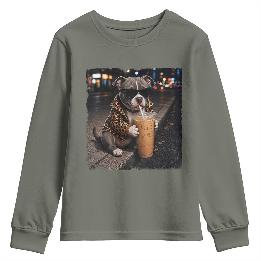 Funny Pitbull Drinking Coffee Youth Sweatshirt Dog Meme Caffeine Graphic TS12 Military Green Print Your Wear